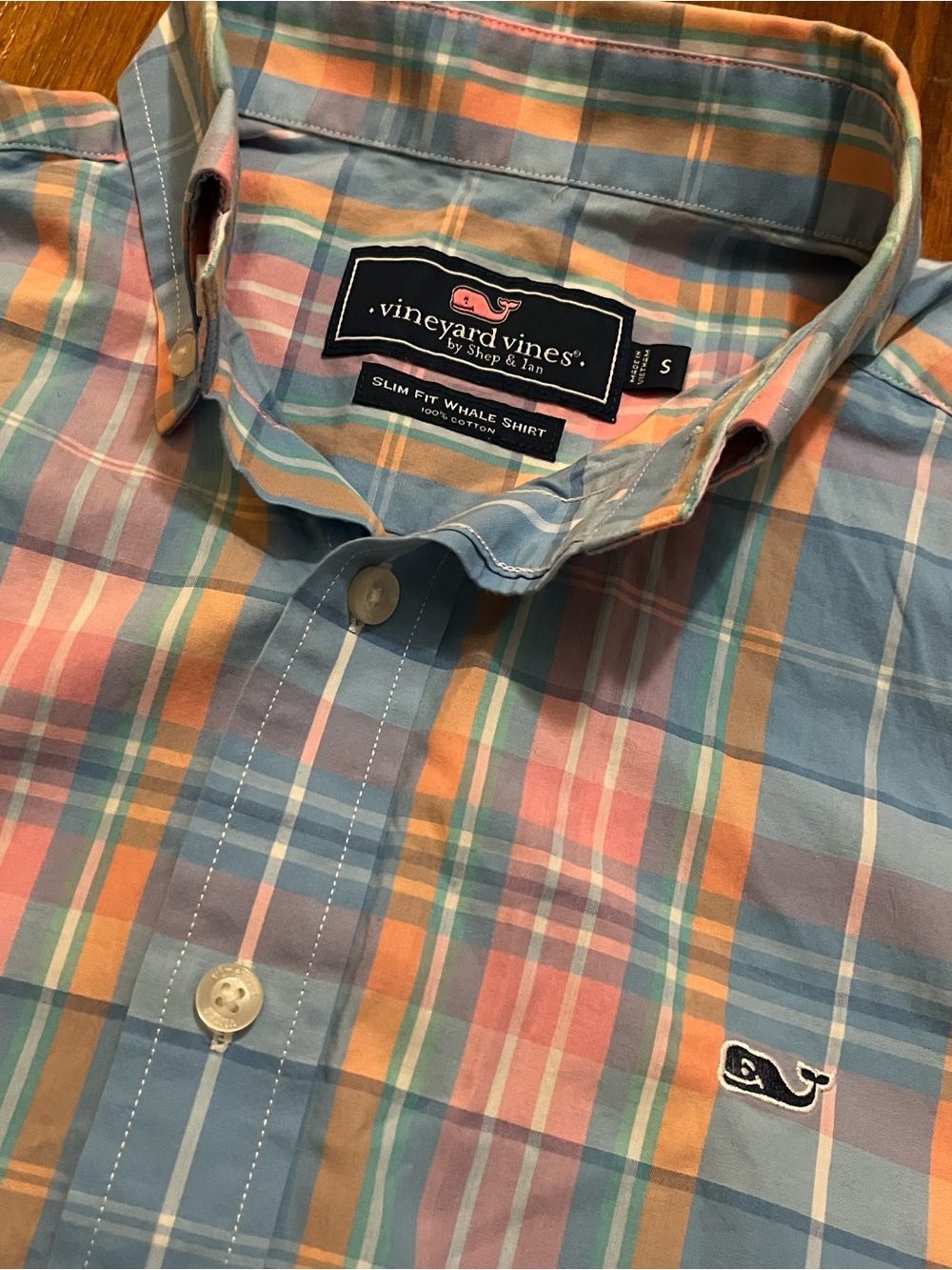 Vineyard Vines Men’s Plaid Button-Down Slim Fit Whale Shirt - Blue, Pink, Peach